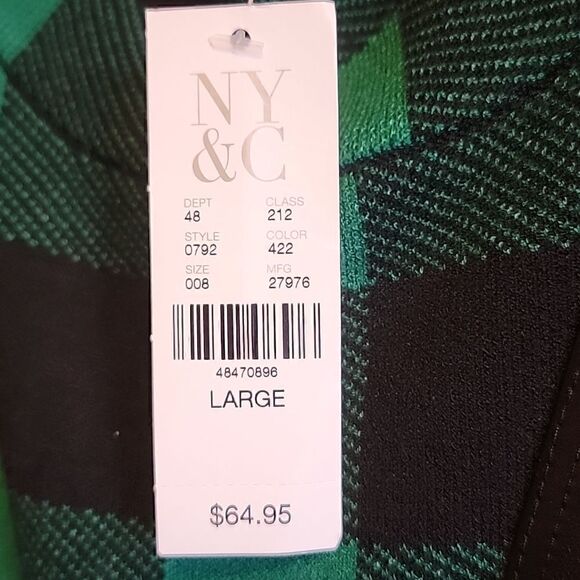 7th Avenue- green/blk rayon/poly plaid sweater with faux leather bow size L. NWT - Picture 2 of 4